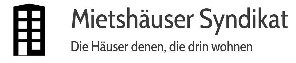 Das Logo des Mietshaussyndikat ist die Silhoutte eines vierstöcken Hauses. Der Schriftzug "Mietshäuser Syndikat" ist untertitelt mit "Die Häuser, denen, die drin wohnen". Copyright Mietshäuser Syndikat GmbH